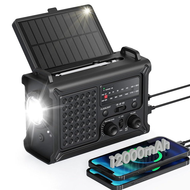 Emergency Weather Radio with Large Solar Panel, Efficient Hand Crank & Real 12000mAh Battery | AM/FM/NOAA Bands, LED Flashlight, Reading Lamp, SOS Alarm & Phone Charger for Outdoor & Emergency