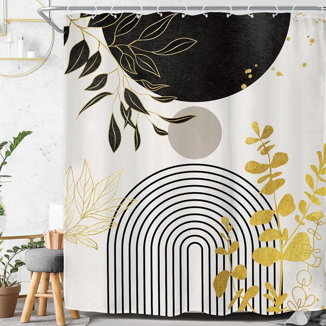 Riyidecor Black Gold Modern Boho Shower Curtain for Bathroom Decor 60Wx72H Bohemian Abstract Arch Leaves Geometric Simple Contemporary Art Printed Fabric Polyester Waterproof 12 Pack Plastic Hooks