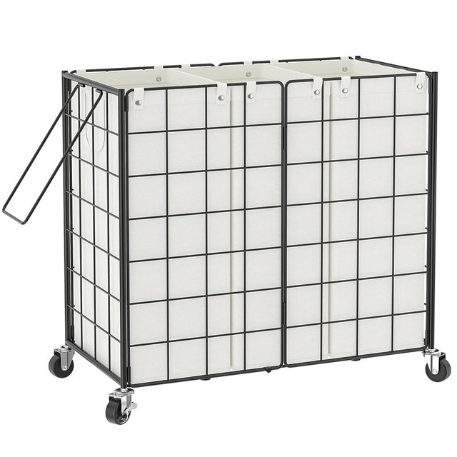 WOWLIVE Laundry Hamper with Wheels,Metal Wire Frame Rolling Laundry Basket 3 Section with Removable bags,150L Dirty Clothes Hamper Organizer Dorm Room Storage for Bedroom,Bathroom,Black and White
