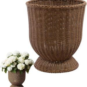 12 Inch Hand Woven Rattan Planter Pot with Stand - Large Decorative Basket for Indoor Plants, Flowers, and Storage - Boho Home Decor for Living Room, Patio, and Entryway (Brown)