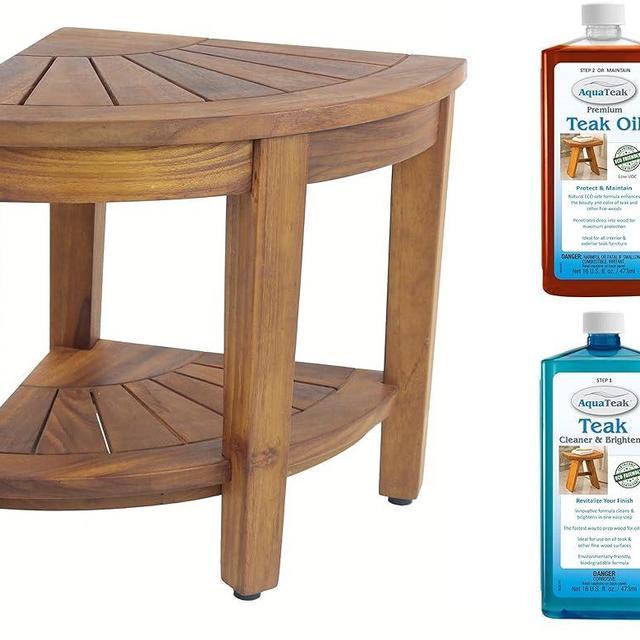 AquaTeak The Original 15.5" Kai Corner Teak Shower Bench with Shelf & AquaTeak Two-Step CareKit