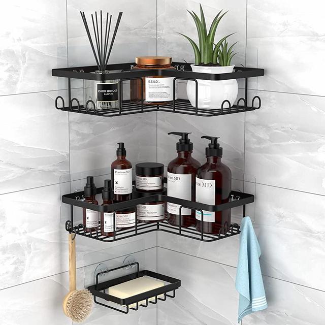 Corner Shower Caddy, YASONIC 3-Pack Adhesive Shower Caddy with Soap Holder and 12 Hooks, Rustproof Stainless Steel Bathroom Shower Organizer, No Drilling Wall Mounted Shower Rack, for Bathroom, Black