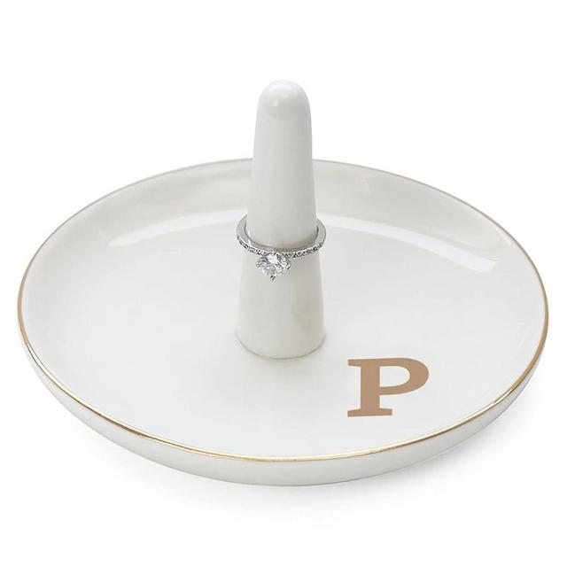 HOME SMILE Initials Ring Holder Jewery Tray with personalized P-Monogrammed Engagement Gifts for Friends,Birthday Mother's Day Christmas Gifts for Women,Ceramic White
