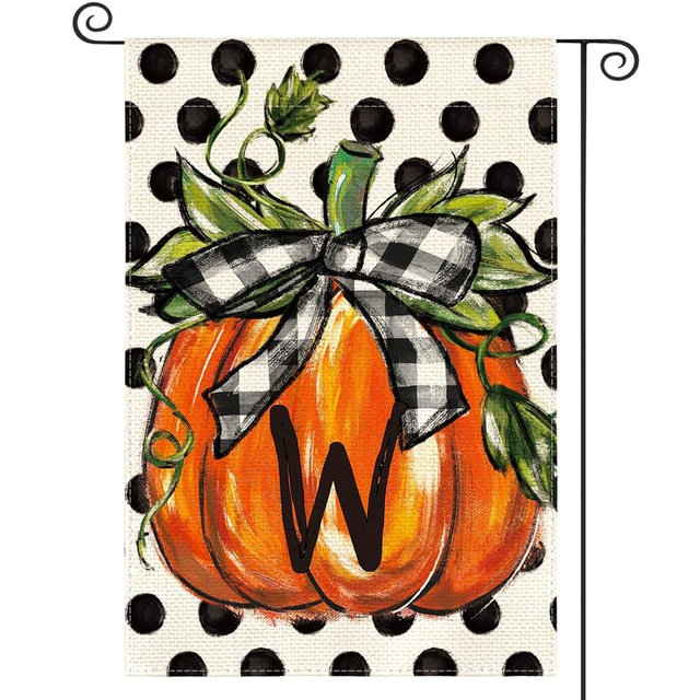 AVOIN colorlife Fall Monogram Letter W Garden Flag Polka Dot Pumpkin 12x18 Inch Double Sided Outside, Small Burlap Family Last Name Initial Yard Decoration