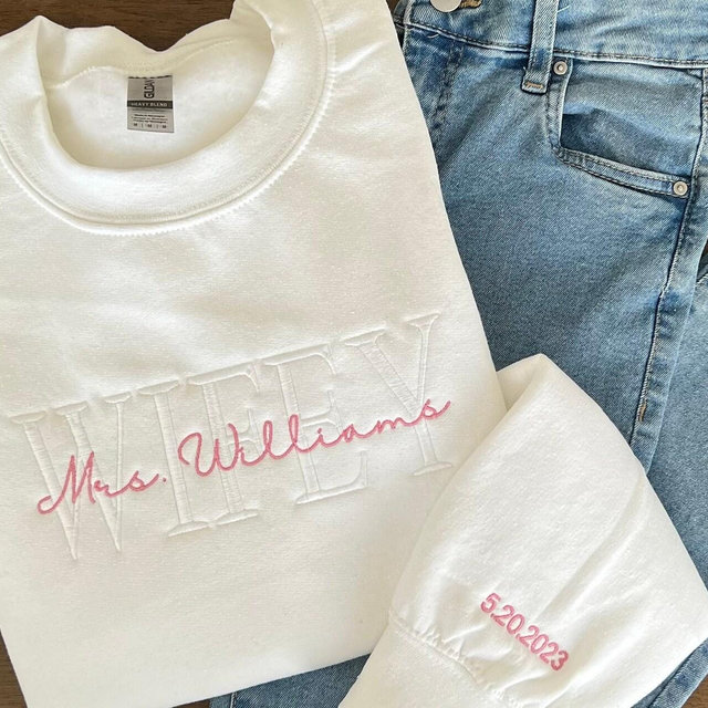 Custom Mrs. Embroidered Sweatshirt, Date On Sleeve, Hubby Wifey Shirt, Gift For Bride, Future Mrs Hoodie, Engagement Gift, Bride To Be