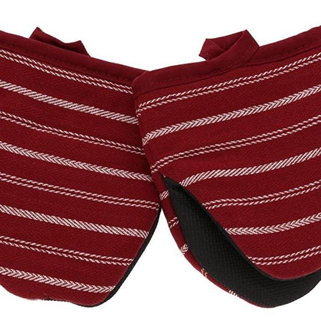 Cuisinart Neoprene Mini Oven Mitts, 2pk -Heat Resistant Oven Gloves Protect Hands and Surfaces with Non-Slip Grip and Hanging Loop-Ideal Set for Handling Hot Cookware, Bakeware-Twill Stripe Red Dahlia