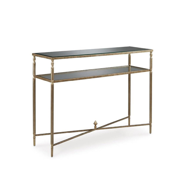 Signature Design by Ashley Cloverty Industrial Mirror-Tabletop Sofa Table with Round Legs and Glass Shelf, Metallic