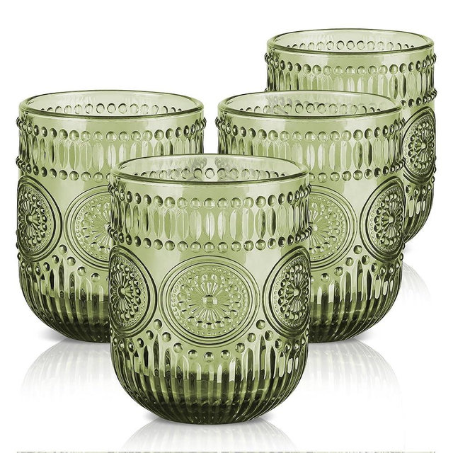 Joeyan Vintage Drinking Glasses Set of 4,9 oz Green Embossed Sunflower Small Water Glass Tumbler Cups,Colored Romantic Beaded Glassware for Beverages Cocktail Juice Wine,Dishwasher Safe