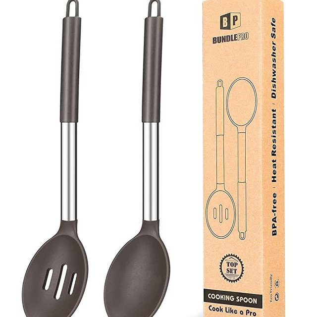 Pack of 2 Large Silicone Cooking Spoons,Non Stick Solid Basting Spoon,Heat-Resistant Kitchen Utensils for Mixing,Serving,Draining,Stirring