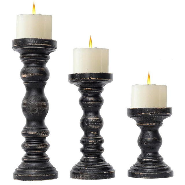 SWALLOWLIVING Rustic Farmhouse Wood Pillar Candle Holder Set of 3 for Candlestick, Black