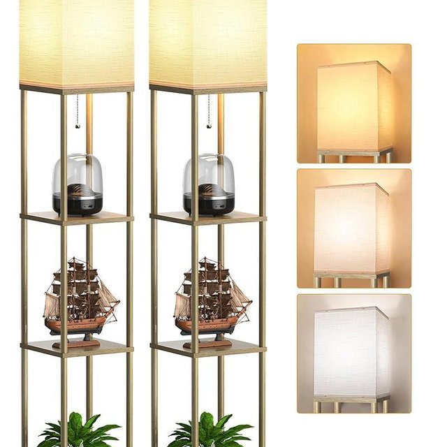 PARTPHONER Floor Lamp with Shelves for Living Room Natural Wood 2 Pack, Shelf Floor Lamp with 3 CCT LED Bulb, Corner Display Standing Column Lamp Etagere Organizer Tower Nightstand for Bedroom Office
