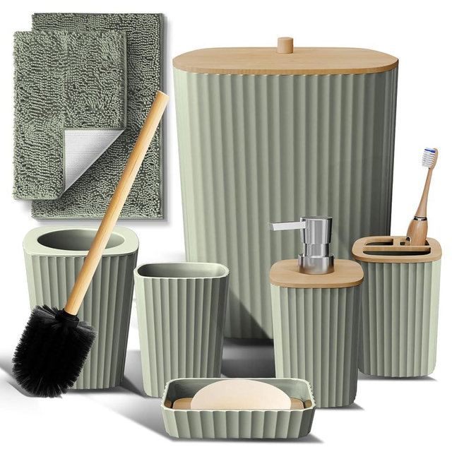 Clara Clark Bathroom Set - Sage Green Bathroom Accessories Set, 6PC Bathroom Accessory Set, Bathroom Sets with Bathroom Rugs, Toilet Brush, Trash Can & Soap Dispenser