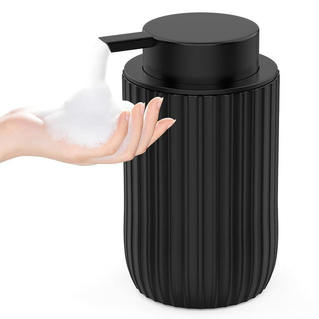 POSOSTO Ceramic Foaming Hand Soap Dispenser，12 oz Bathroom Soap Dispenser， Lotion Dispenser for Kitchen, Refillable Matte Streaks Soap Dispenser with Large Pump (Black)