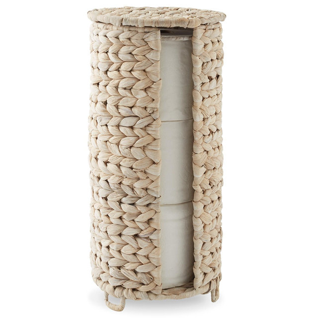 Casafield Toilet Paper Roll Holder with Lid - Natural, Fits 3 Rolls, Free Standing Water Hyacinth Bath Tissue Storage Organizer for Bathroom