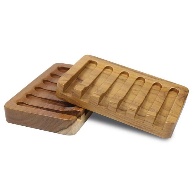 HTB 2PCS Self Draining Soap Dishes, Teak Wood Soap Holder, Soap Saver for Shower, Bathroom, Kitchen, Bath Tub, Razor, Sponges, Easy Dry Extend Soap Life
