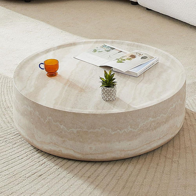 JURMALYN Round Coffee Table for Living Room Circle Coffee Table Faux Marble Pattern Coffee Table Modern Drum Center Table for Apartment, No Need Assembly (Travertine Fiberglass 39.37'')