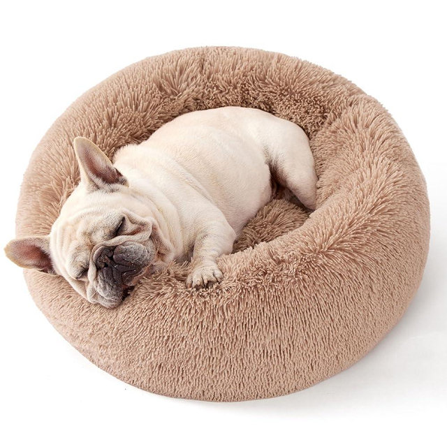 Bedsure Calming Dog Bed Medium Large Size Dogs - Donut Washable Large Pet Bed, 33 inches Anti-Slip Round Fluffy Plush Faux Fur Dog Bed, Camel