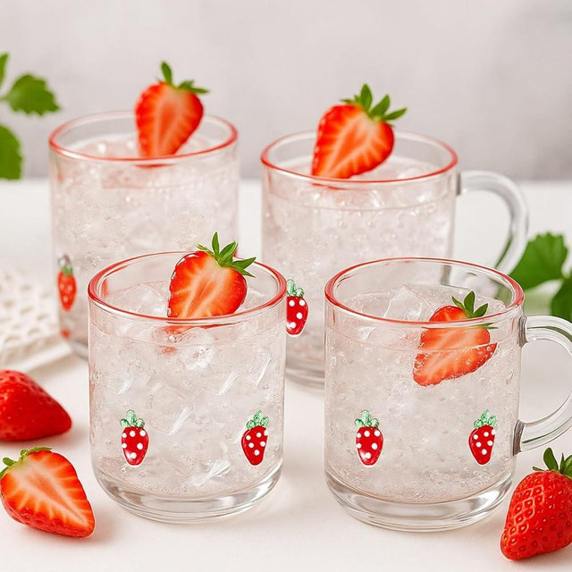 SiliFine 4 Pack Fruit Icon Glass Cups 14oz Strawberry Mugs with Handle Clear Drinking Glasses Double Old Fashioned Handblown Cocktail Glassware for Summer Birthday Holiday Party Gift (Strawberry)