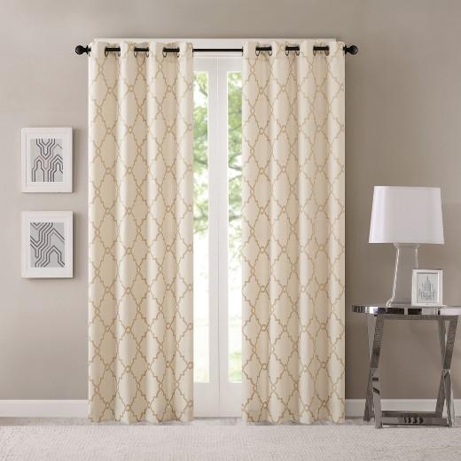 Sereno Fretwork Print Curtain Panel- Ivory gold
