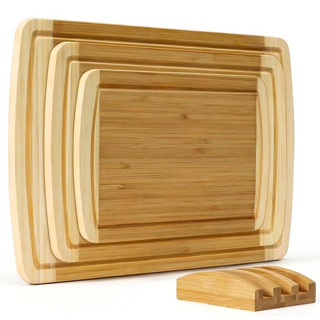 Hiware 3-Piece Extra Large Wooden Cutting Boards For Kitchen, Bamboo Cutting Board with Holder, Wood Cutting Board Set, Heavy Duty Chopping Board for Meat, Serving Tray Set- Two Tone