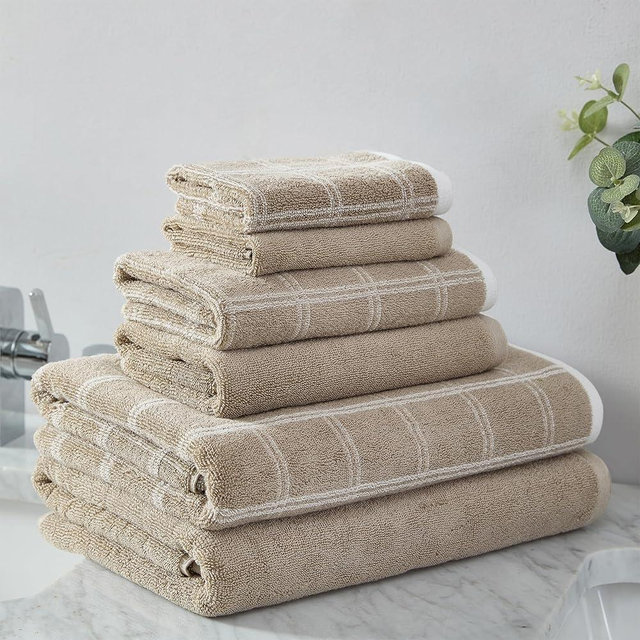 Indigo Ink - Bath Towels, 6-Piece Grid Soft Cotton Towels, Neutral Bathroom Decor (Neece Collection, Taupe)