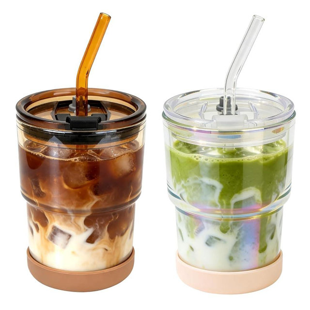 Zukro 13 oz Glass Iced Coffee Cups with Lid and Straw, Leak Proof Glass Tumbler for Ice Tea, Water, Non-Slip Silicone Bottom, Thick Wall Drinking Glasses for Home/Office, BPA Free, Amber & Shrimmer