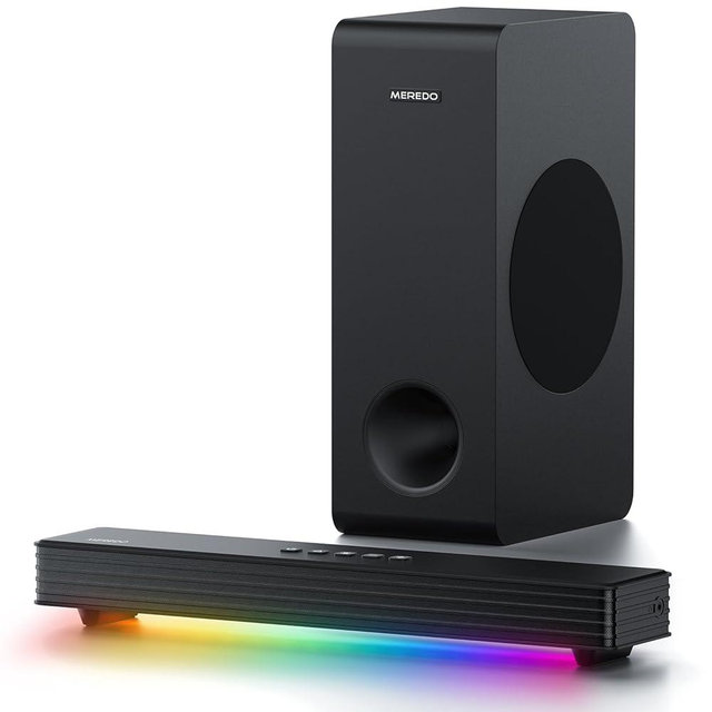 MEREDO Sound Bar for Smart TV 3.1CH PC Gaming Soundbar with Subwoofer RGB Lighting Audio Sync Surround Sound System BT 5.3/HD-ARC/Optical/AUX/USB for Desktop Tablets Consoles Home Cinema