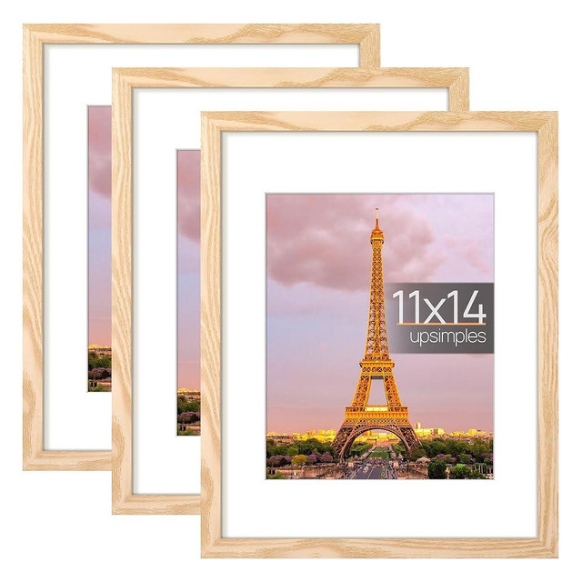 upsimples 11x14 Picture Frame Set of 3, Made of High Definition Glass for 8x10 with Mat or 11x14 Without Mat, Wall and Tabletop Display Photo Frames, Natural