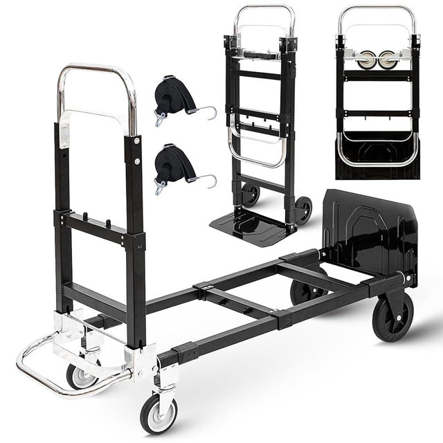 Upgraded 3 in 1 Folding Hand Truck, 600lbs Capacity, Heavy Duty Convertible Dolly with Retractable Handle and 4 Rubber Wheels, Collapsible Cart for Moving Home, Office, Warehouse (Black)