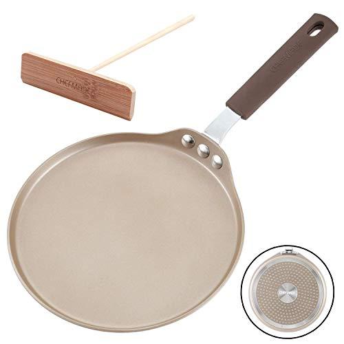 CHEFMADE Crepe Pan with Bamboo Spreader, 8-Inch Non-stick Pancake Pan with Insulating Silicone Handle, FDA Approved for Gas, Induction, Electric Cooker (Champagne Gold)