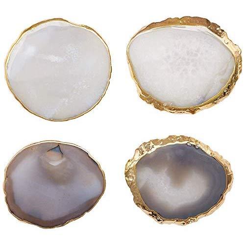 Modern Agate Coasters with Gold Edges and Rubber Bumpers (3.5"-4"). Set of 4 Geode Stone Slices. Perfect Drink Holder for any Glass or Cup (Natural)