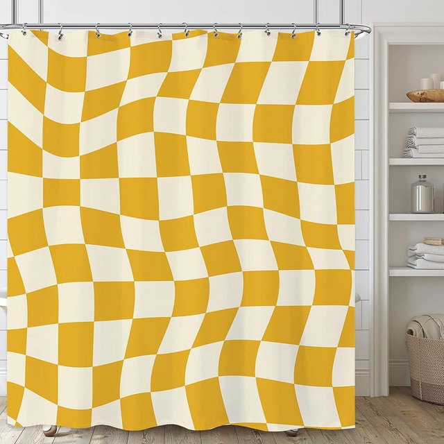 Laifzere 60s 70s Yellow Checkered Shower Curtain Retro Y2K Modern Shower Curtain for Bathroom Set Grid Groovy Funky Cute Fabric Waterproof Shower Curtain for Bathtub Decoration 60x72 Inch with Hooks