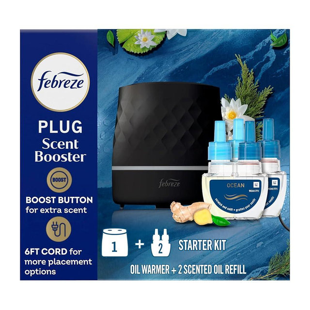 Febreze PLUG Scent Booster Starter Kit, Black, Oil Diffuser, Air Freshener Plug In, Continuous Scent Device + 2 Ocean Refills