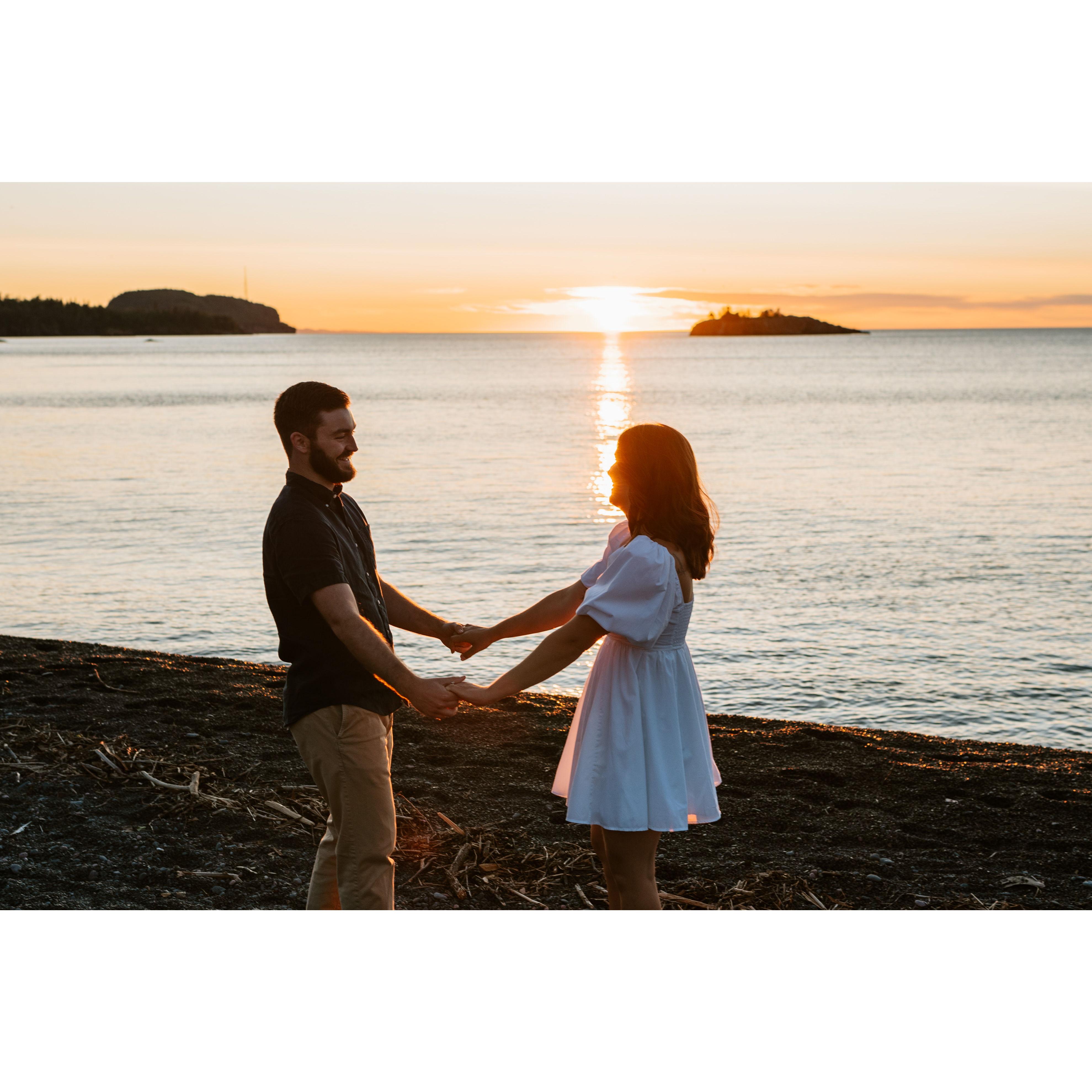Our engagement photos! Captured at sunrise on the North Shore of Lake Superior at Black Sand Beach and Tettegouche State Park. Our photographer, Maddi, is the best!