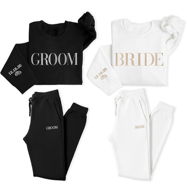 WEAR PHYSIQUE Personalized Bride Groom Gift Set, Matching Sweatshirt and Sweatpants, Honeymoon, Wedding, Bachelorette Party