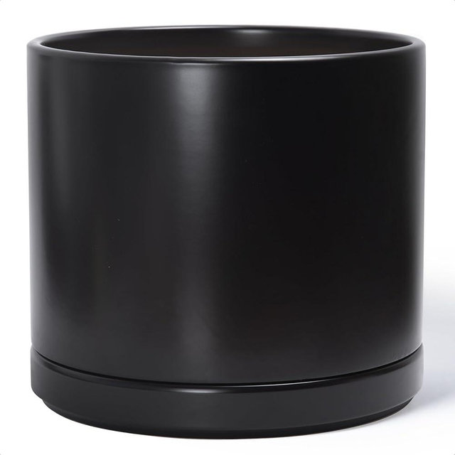 D'vine Dev 14 Inch Ceramic Planter Pot with Drainage Hole and Saucer, Indoor Cylinder Round Planter Pot, Black, 94-O-G-2