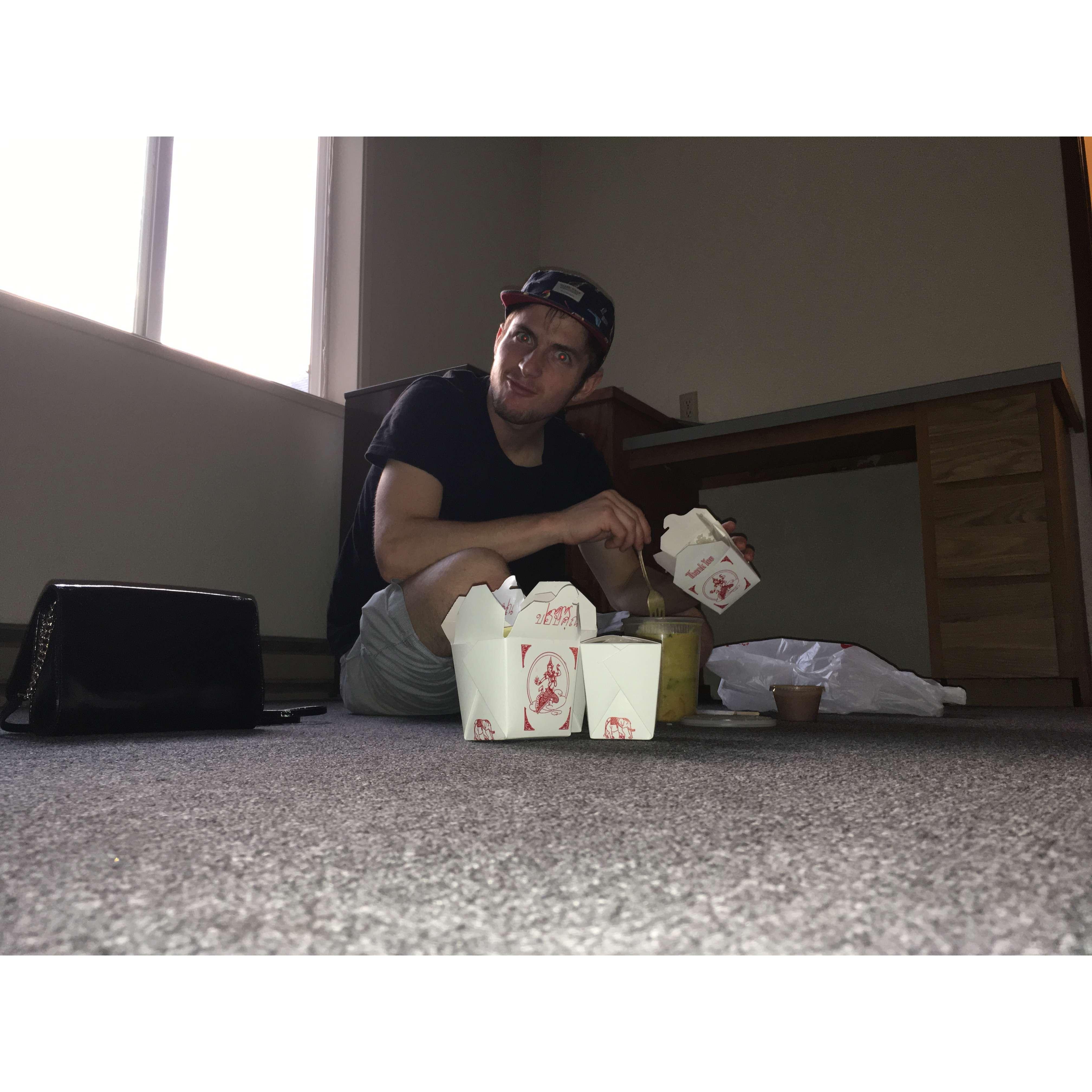 This was right before Sam left for Madison, WI to get shoulder surgery. We ate Thai food on the floor after packing up his room.