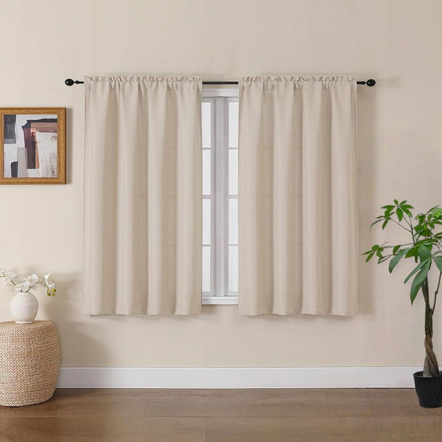 Gwine Linen Curtains for Bedroom 45 Inch Length, Light Filtering Faux Linen Textured Short Curtains for Living Room Kitchen Window, Elegant Airy Soft Rod Pocket Curtain, Each 30" Wx45 L, 2PCS