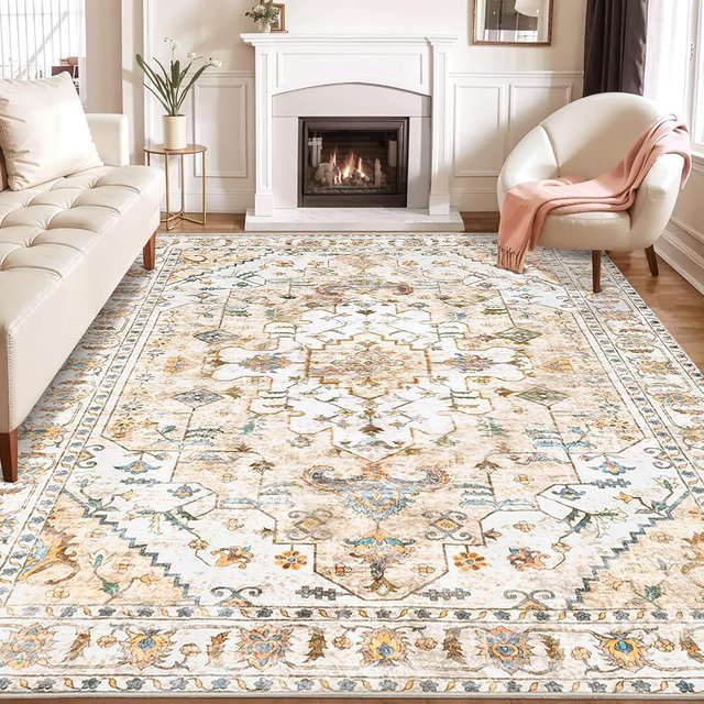 SERISSA Boho 8x10 Area Rugs Peach Cream, Washable Vintage Large Living Room Rug Non-Slip, Ultra Soft Oriental Print Distressed Farmhouse Carpet for Dining Room Bedroom Dorm Office Home Decor