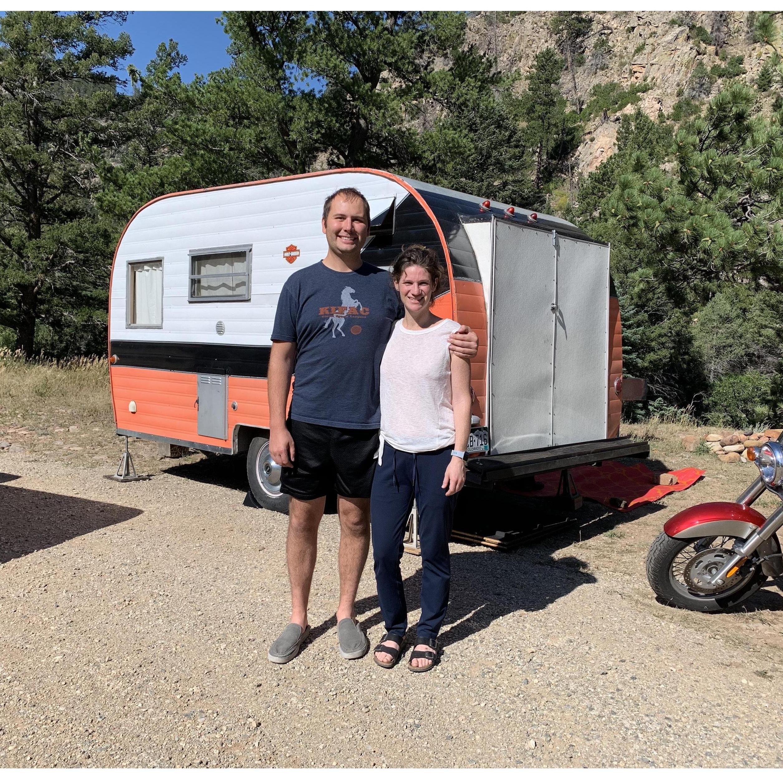 Our first major investment together: A tin can camper... modified to fit Dan's motorcycle! Luckily, Cait's motorcycle fits in the truck bed.