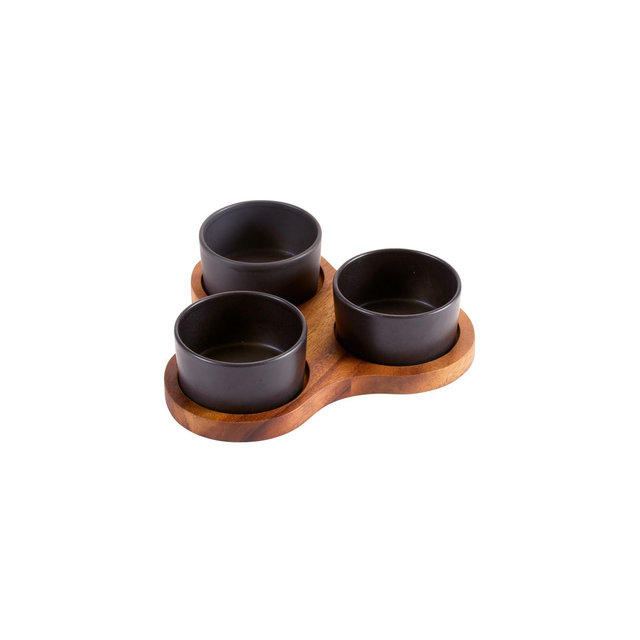 Kalmar Home Solid Acacia Triangular Serving Set with 3 Black Ceramic Dishes