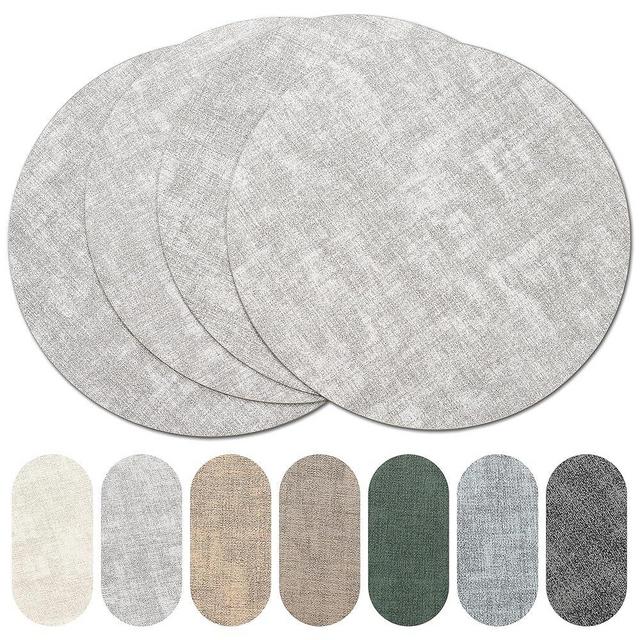 Round Placemats Set of 4, Reversible Faux Leather Heat Resistant Table Mats, 100% Waterproof Oilproof Wipeable Table Protective Placemats for Vinyl, Washable for Indoor & Outdoor Use (4, Light Grey)