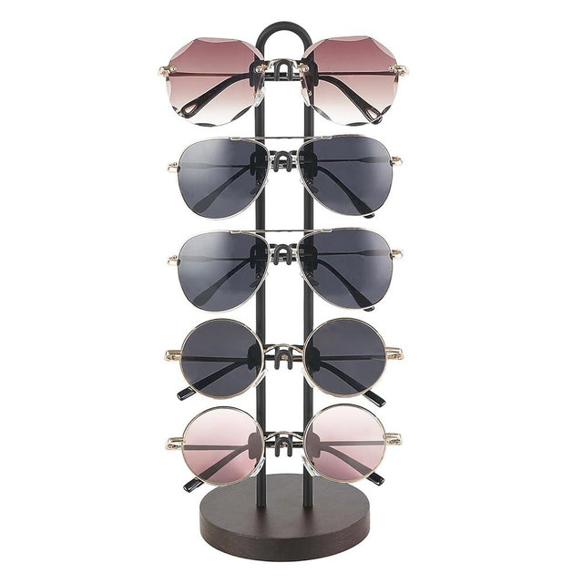 Mkono Sunglasses Organizer Glasses Holder Stand Sunglass Storage Eyeglasses Rack Metal Frame with Wood Base for 5 Pairs of Eyewear Display for Table Desk Countertop Dresser Bedroom, Set of 1, Black