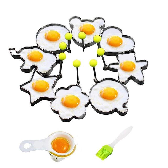 Egg Pancake Rings,8pcs Different Shaper Fried Egg Molds,Stainless Steel Omelette Frying Cooking Tools Kitchen Accessories Gadget Rings,with a Silicone Pastry Brush and a Yolk separator,Set of 10