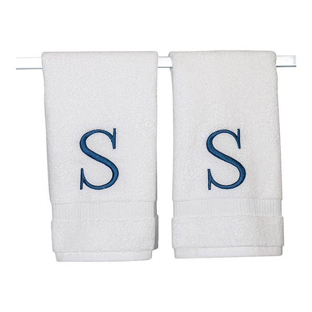 Monogrammed Hand Towels for Bathroom - Luxury Hotel Quality Personalized Initial Decorative Embroidered Bath Towel for Powder Room, Spa - GOTS Organic Certified - Set of 2 Navy Letter S