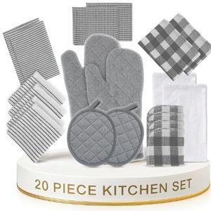 LANE LINEN Kitchen Towels and Oven Mitt Set 20 Pc - Lint Free Cotton Dish Towels for Kitchen Drying, Cozy Terry Dish Rags, Flour Sack Towels for Sourdough Bread Proofing & Quilted Pot Holders - Grey
