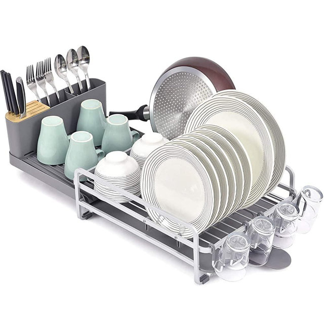 Toolf Dish Rack and Drainboard Set, Extend Large Dish Drying Rack with Swivel Spout for Kitchen Counter or Sink, Expandable Dish Drainer Rack with Utensil Holder and Cup Holder