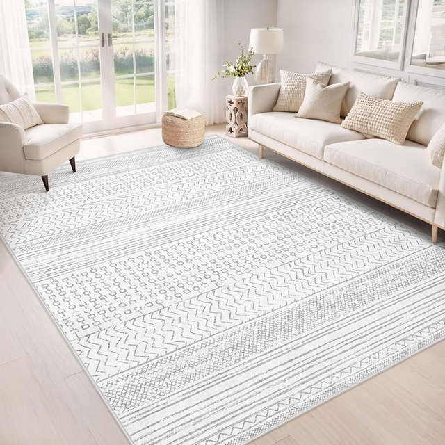 Area Rug Living Room Rugs 6x9: Washable Boho Modern Neutral Geometric Large Rug Soft Farmhouse Moroccan Non-Slip Indoor Floor Carpet for Bedroom Under Dining Table Home Office (Grey, 6'x9')