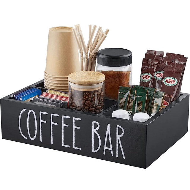 ALELION Coffee Station Organizer with Removable Dividers - Wood Coffee Bar Accessories Organizer for Countertop - Coffee Pod Holder Storage Basket for K Cup Sugar Tea - Black Coffee Bar Table Decor