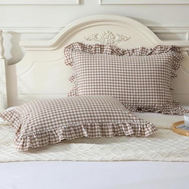 Mywinlle Taupe/White Plaid Ruffle Pillowcases Farmhouse Queen Size Pillow Shams,Shabby Checkered Gingham Pillow Cases Washed Cotton Pillow Covers Set of 2 (20"x30",Taupe/White Plaid